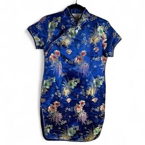 Vintage Silk Squirrel Blue Floral Cheongsam Dress - Fits S/M